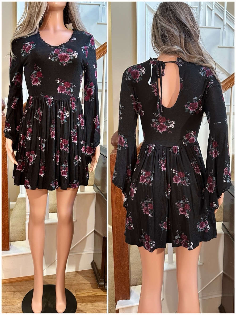 NWT Coco & Jaimeson Black Floral Flare Sleeve Skater Dress w/ Keyhole Back